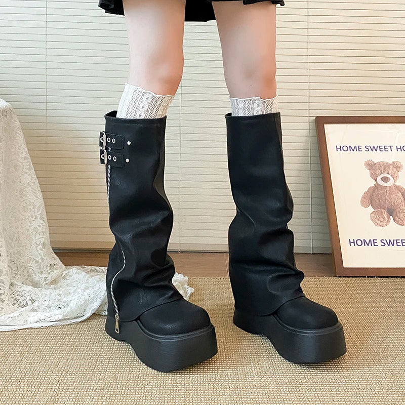 LIZAKOSHT  -  Chunky Style Women Knight High Boots Designer Belt Buckle Platform Heel Shoes Autumn Winter Thick Sole Ladies Long Booties