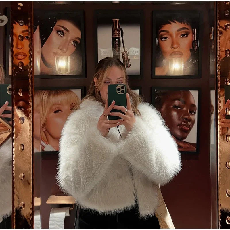 LIZAKOSHT  -  Women White Faux Fur Short Coat Elegant Lapel Collar Long Sleeve Loose Outerwear Lady New Winter Warm High Street Jacket 2025