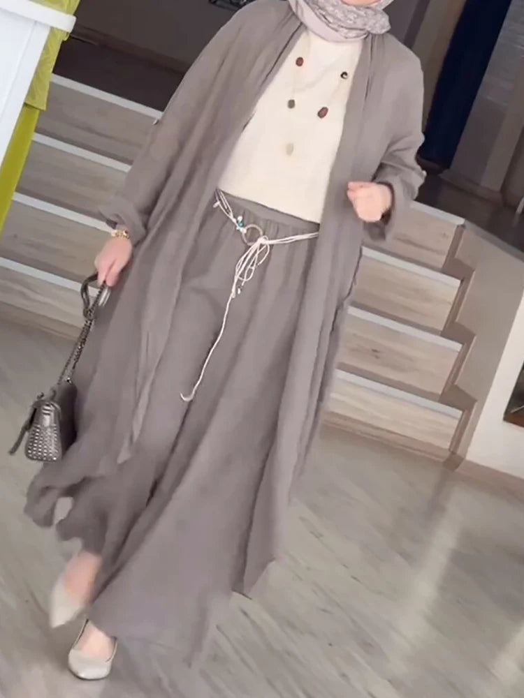 LIZAKOSHT  -  2 Piece Long Sleeve Maxi Shirts+Wide Leg Pants Eid Muslim Women Elegant Sets Abaya Dubai Turkey Islamic Casual Tops Solid Outfit