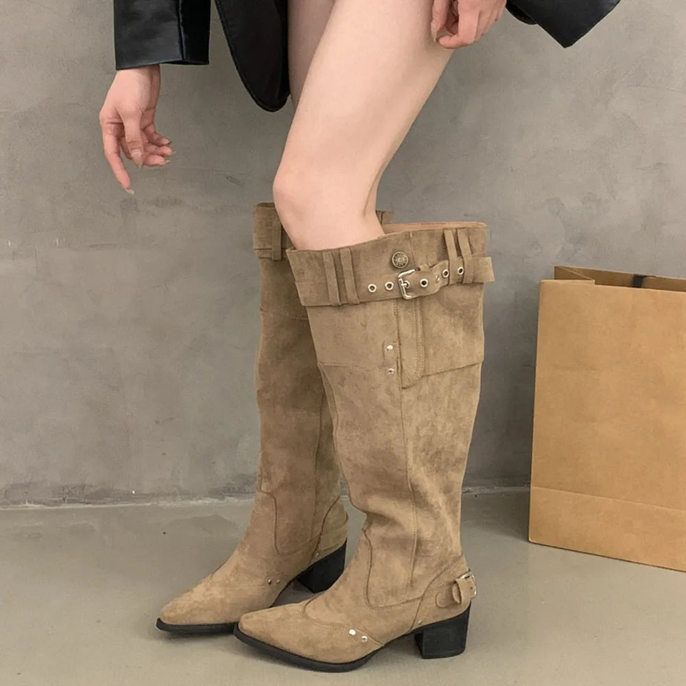 LIZAKOSHT  -  Wasteland Vintage Suede Wide Legs Cowboy Boots Women Retro y2k Western Boots Belt Strap Knee High Boots Shoes Square Heels