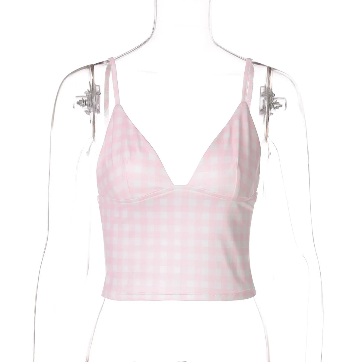 LIZAKOSHT  -  Girls Summer Deep V-neck Plaid Camisoles Y2K Woman Clothing Sexy Sleeveless Backless Crop Tops Pink Corset Streetwear