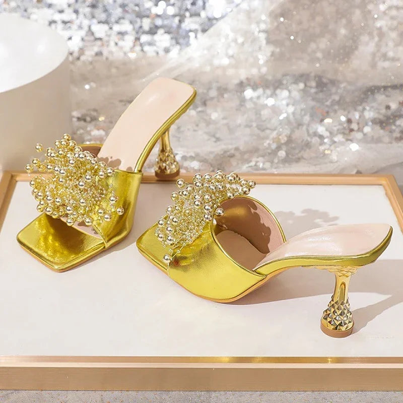 LIZAKOSHT  -  Summer Open Toe High Heels Slippers for Women String Beads Fashion Golden Slides Party Shoes Fashion Slingback Sandals Female
