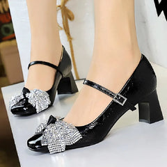 LIZAKOSHT  -  Luxury Rhinestone Bow Chunky Root Mary Jane Shoes Women Fashion Bow Buckle Pumps Summer Slingback Slide Sandals Zapatos De Mujer