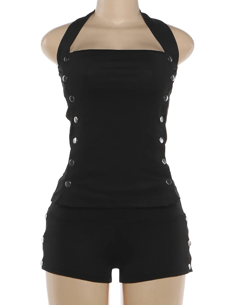 LIZAKOSHT  -  Buckle Decoration 2-Piece Set Women Halter Low-Neck Vest+Elastic Waist Mini Short Sexy Hottie Street Fashion Suit
