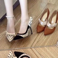 LIZAKOSHT  -  New lace mesh high heels for women slim heels with a straight strap and a toe cap butterfly bow polka dot single shoes for women