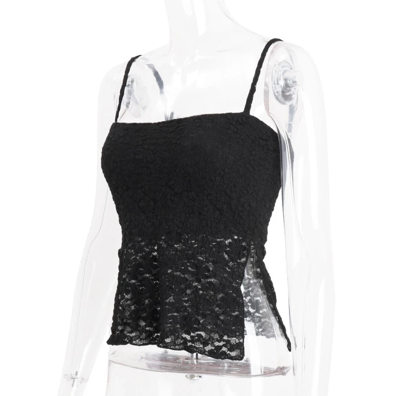 LIZAKOSHT  -  Lace See Through Sexy Split Fashion Solid Spaghetti Strap Tops Y2K Summer Sweet Cute Daily Streetwear All-match Camis