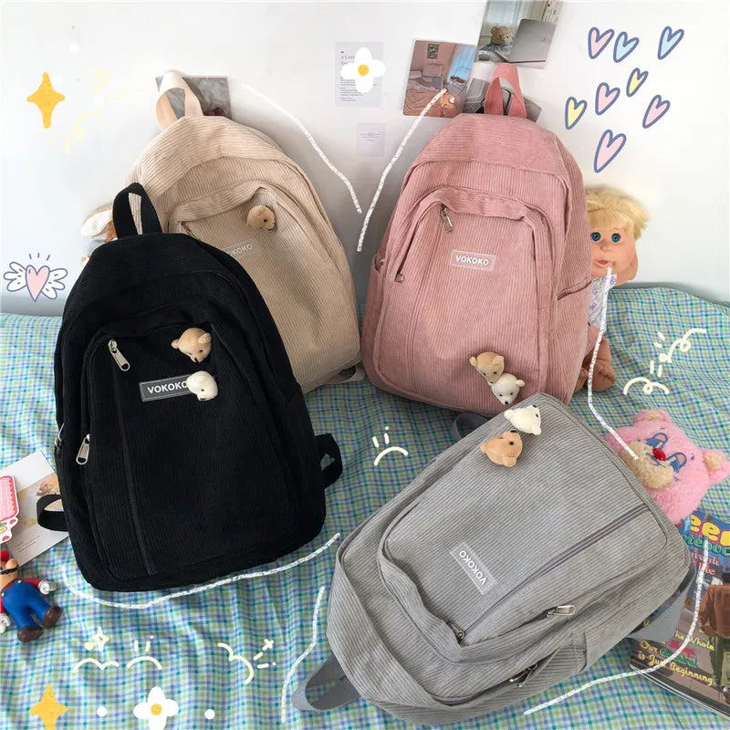 LIZAKOSHT  -  Stripe Cute Corduroy Woman Backpack Schoolbag For Teenage Girls Boys Luxury Harajuku Female Fashion Bag Student Lady Book Pack