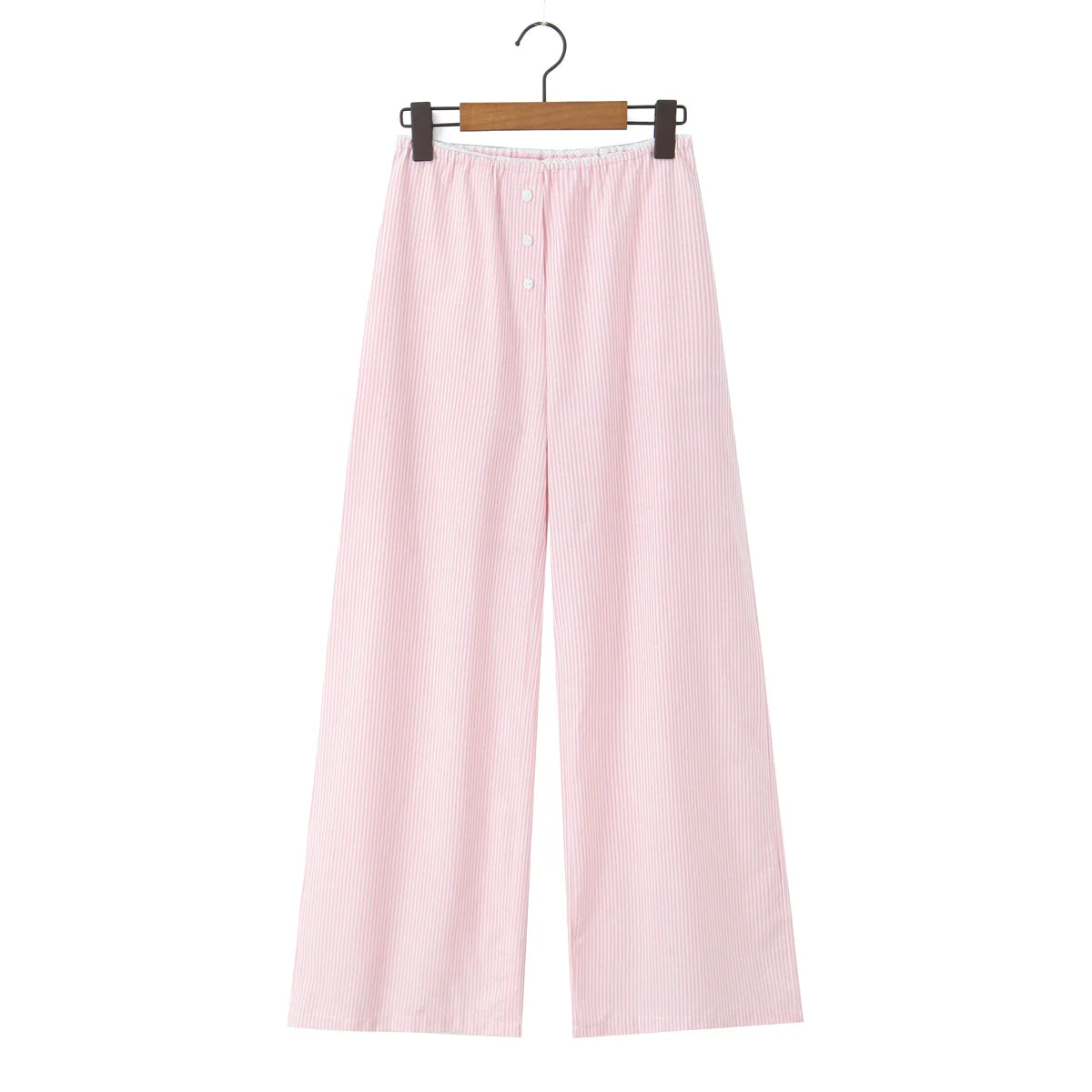 LIZAKOSHT  -  CHIC Blue White Stripes Cotton Wide leg Pants Women Elastic Waist Loose Casual Floor Length Trousers Pants Pink