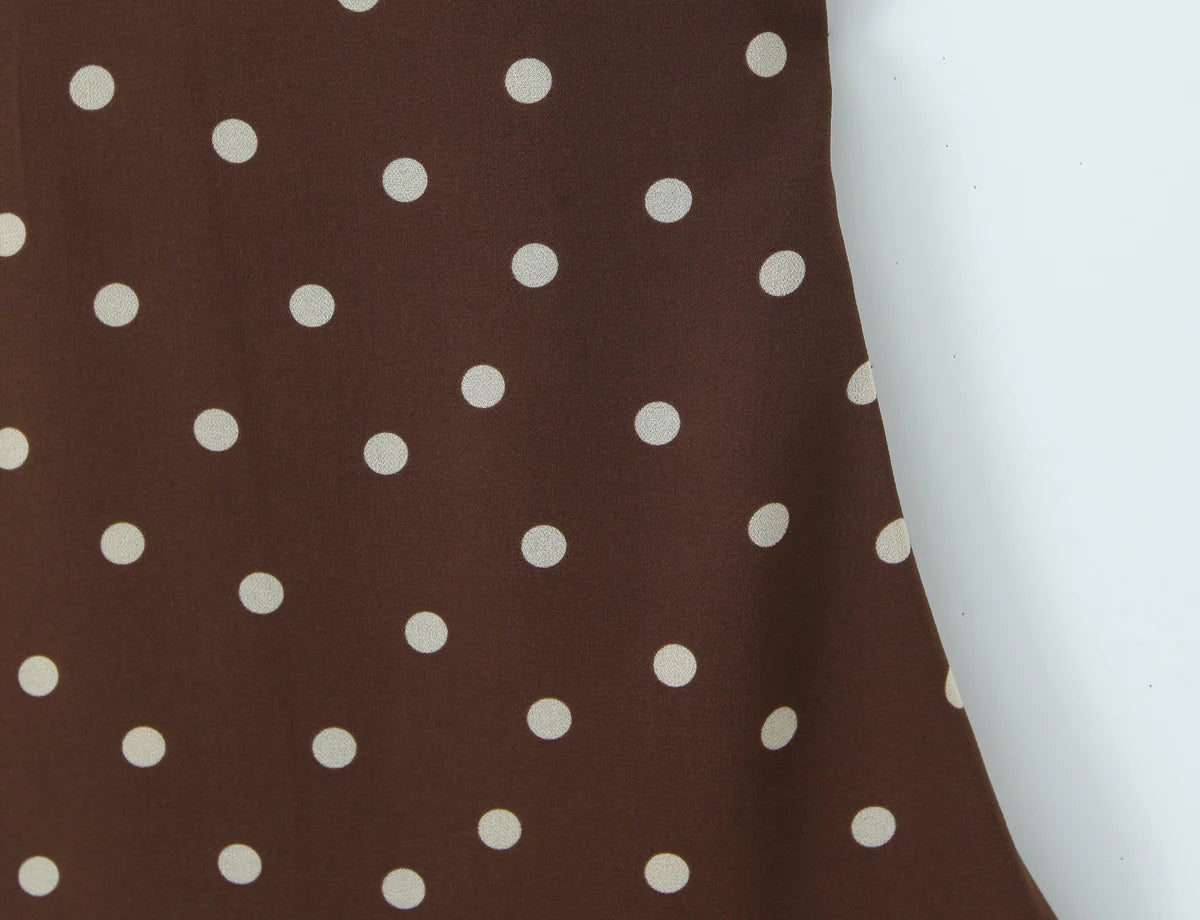 LIZAKOSHT  -  Sexy Coffee Polka Dot Print Spliced Lace V Collar Sling Dress Women Lacing up Strap Backless Long Dresses Femme Vestidos Robe