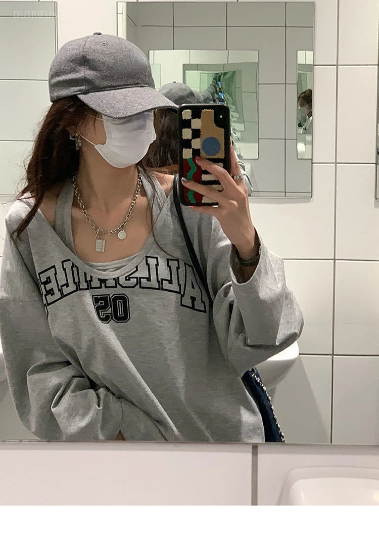 LIZAKOSHT  -  Sudaderas Spring Autumn Sweatshirt Halter Letter Print Loose 2 Piece Aesthetic Hoodies Women Retro Fashion Casual Y2k Streetwear