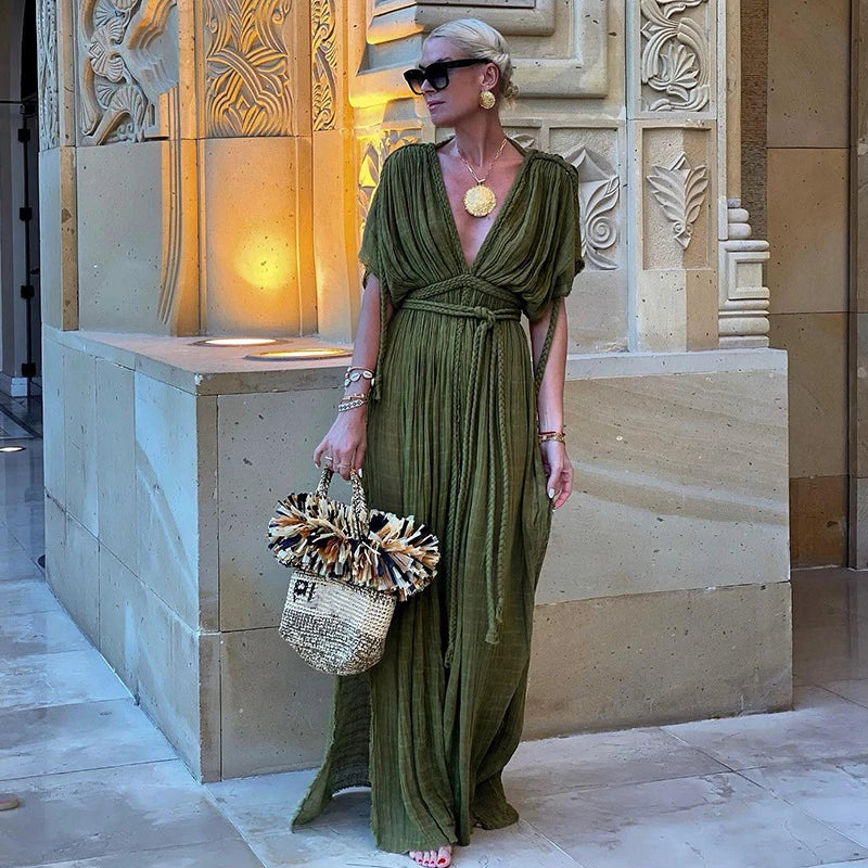 LIZAKOSHT  -  Fashion Halter Long Dress For Women Sleeveless Backless Draped Slip Lace Up Robe 2025 Summer Elegant Female Daily Beach Dresses