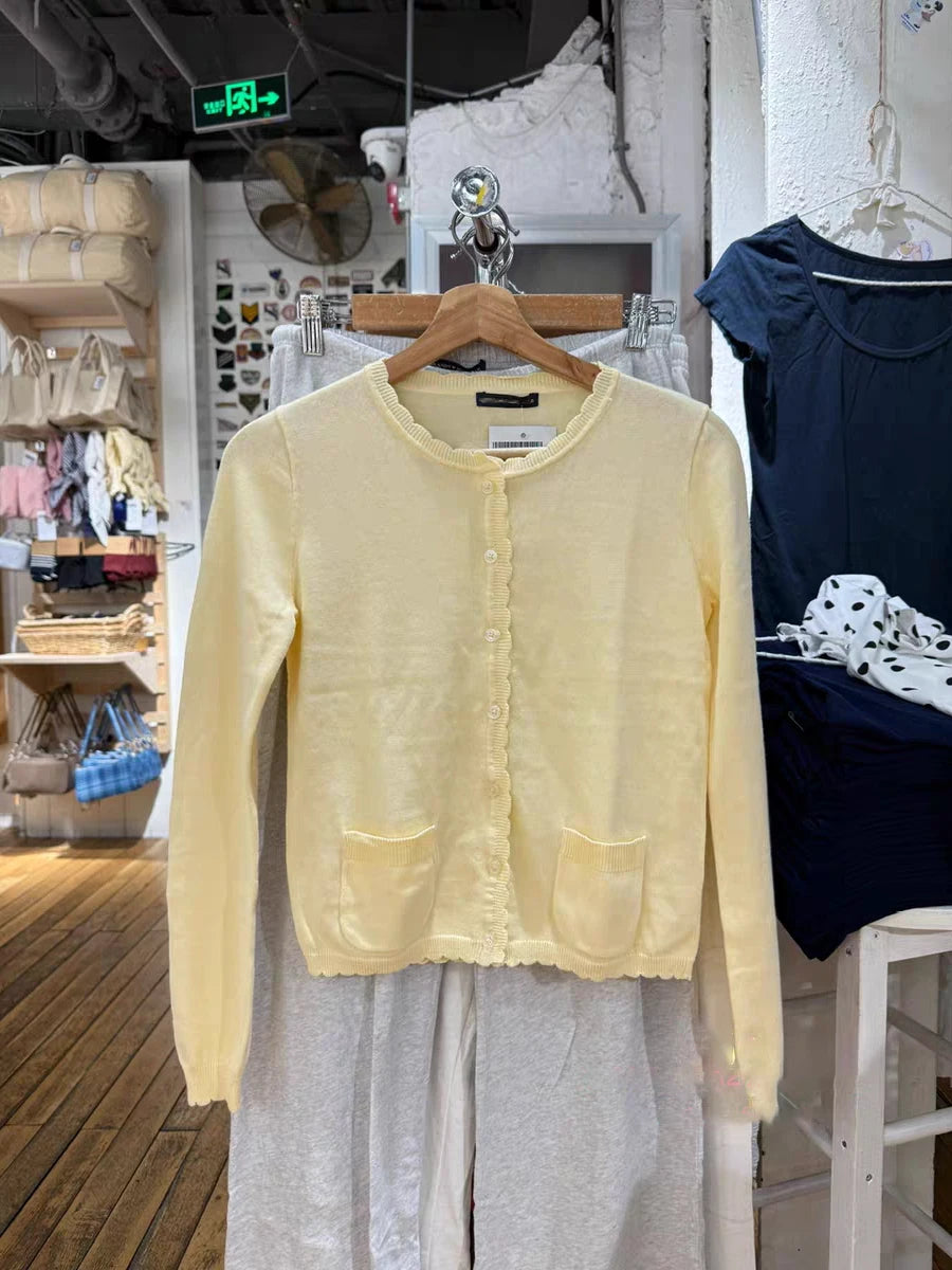 LIZAKOSHT  -  Pockets Yellow Knitted Cardigan Women Lace Trim O-Neck Cotton Long Sleeve Sweaters Autumn Sweet Preppy Style Knitwear Y2k Tops