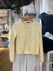 LIZAKOSHT  -  Pockets Yellow Knitted Cardigan Women Lace Trim O-Neck Cotton Long Sleeve Sweaters Autumn Sweet Preppy Style Knitwear Y2k Tops