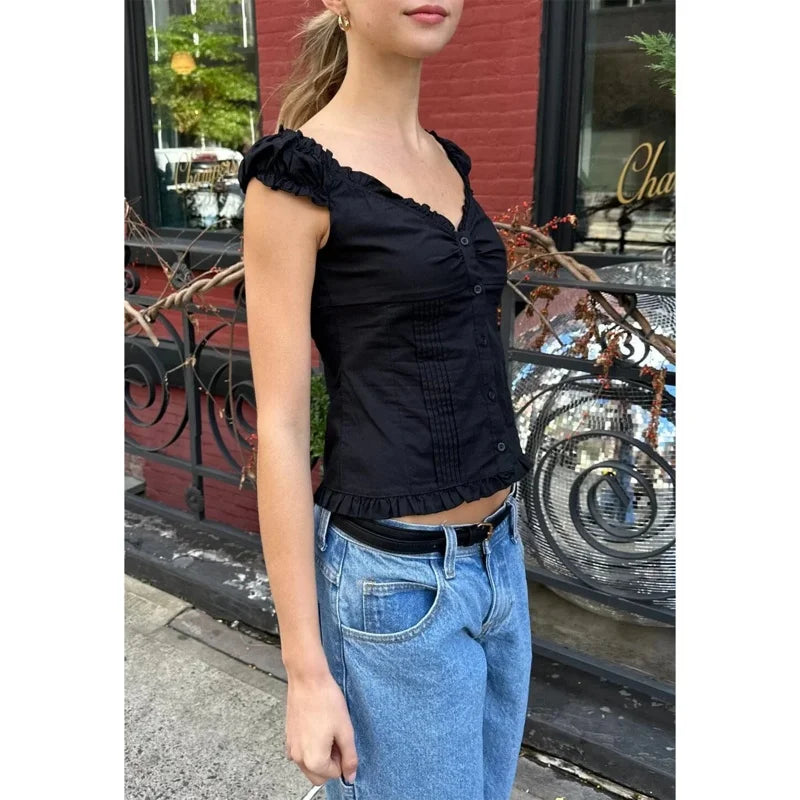 LIZAKOSHT  -  y2k Tank Top Women Summer Clothes Solid Color Cap Sleeve Button Down Slim Fit Frill T Shirt 2000s Vest Streetwear