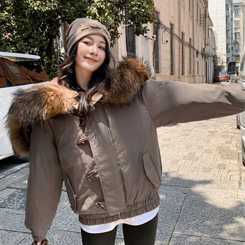 LIZAKOSHT  -  Women's Autumn Winter Top Coat Cotton Coat Fur Collar Horn Button Hood Thickened Warm Retro Comfortable Casual Niche Versatile