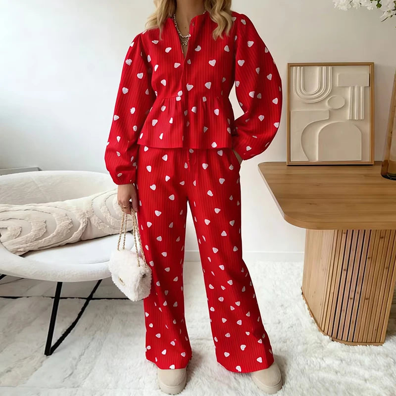 LIZAKOSHT  -  Womens Pajama Sets Cute Heart Print Long Sleeve Button Down Shirt With Long Pants 2 Piece Holiday Loungewear