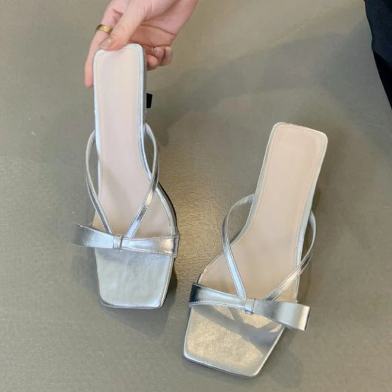 LIZAKOSHT  -  Sweet Narrow Strap Low Heeled Women Slippers Fashion Bowknot Backless Brand Sandals 2025 Elegant Party Designer Beach Shoe Pumps
