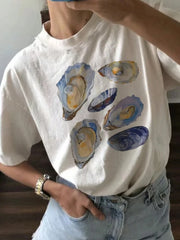 LIZAKOSHT  -  Beautiful Seashell Pattern Print Tee Casual Short Sleeve Womens Tshirt Streetwear Comfortable Graphic Tops Vintage Loose T-Shirt