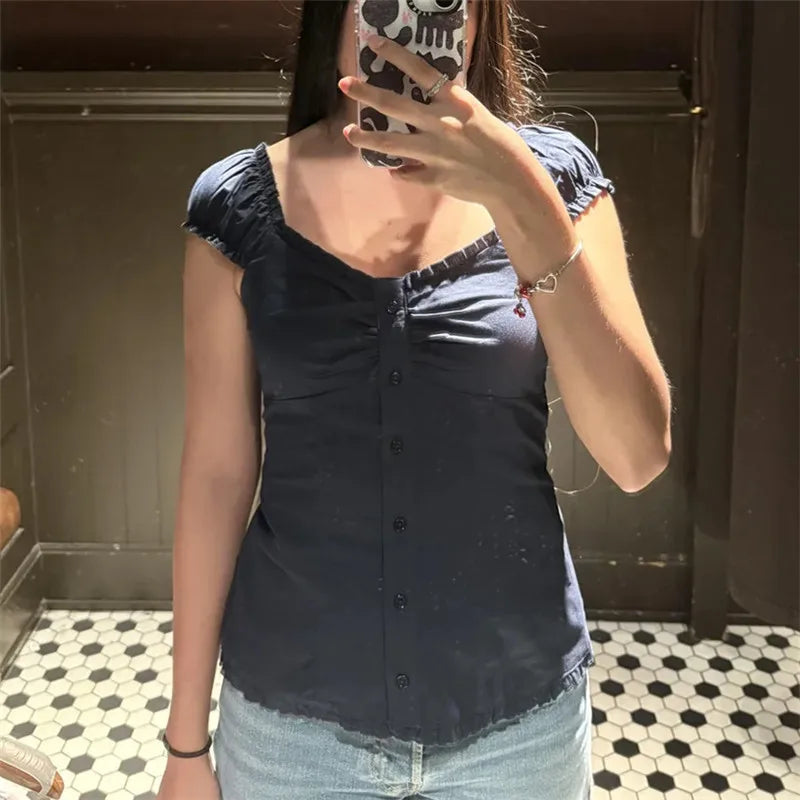 LIZAKOSHT  -  Women Y2k Fairy Coquette Shirt Cute Puff Short Sleeve Button Down Frill Trim Smocked Tops Aesthetic Grunge Streetwear