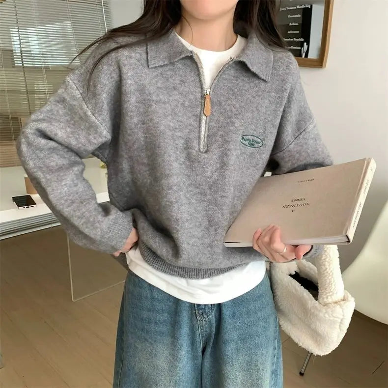 LIZAKOSHT  -  Sweaters Half Zipper POLO Neck Women Girls Vintage Preppy Sweatshirt Jumper Gray Khaki Loose Long Sleeve Pullover Korean Fashion
