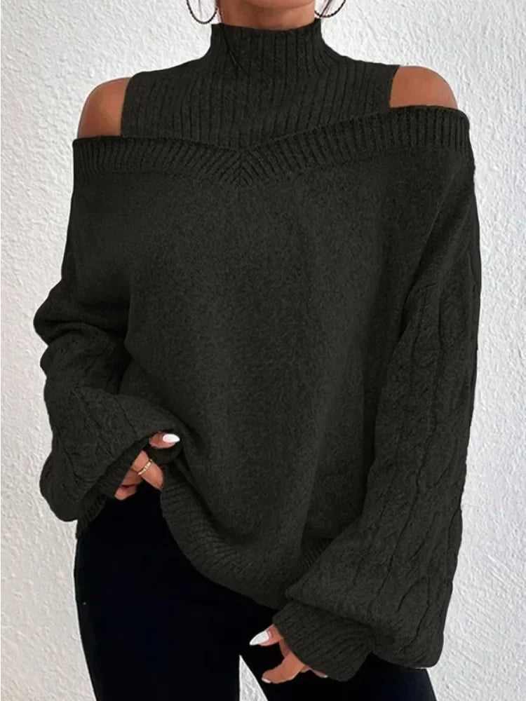LIZAKOSHT  -  Female Solid Color High Neck Sweater New Long Sleeves Loose Hollow Cold Shoulder Casual Kintted Pullovers Tops
