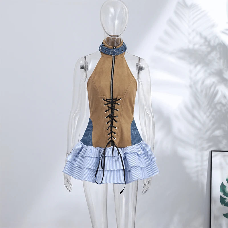 LIZAKOSHT  -  Color-Block Denim & Canvas Corset Ruffle Mini Dress Halter Neck Lace-Up Zipper Front Layered Summer Edgy Retro Women Outfit
