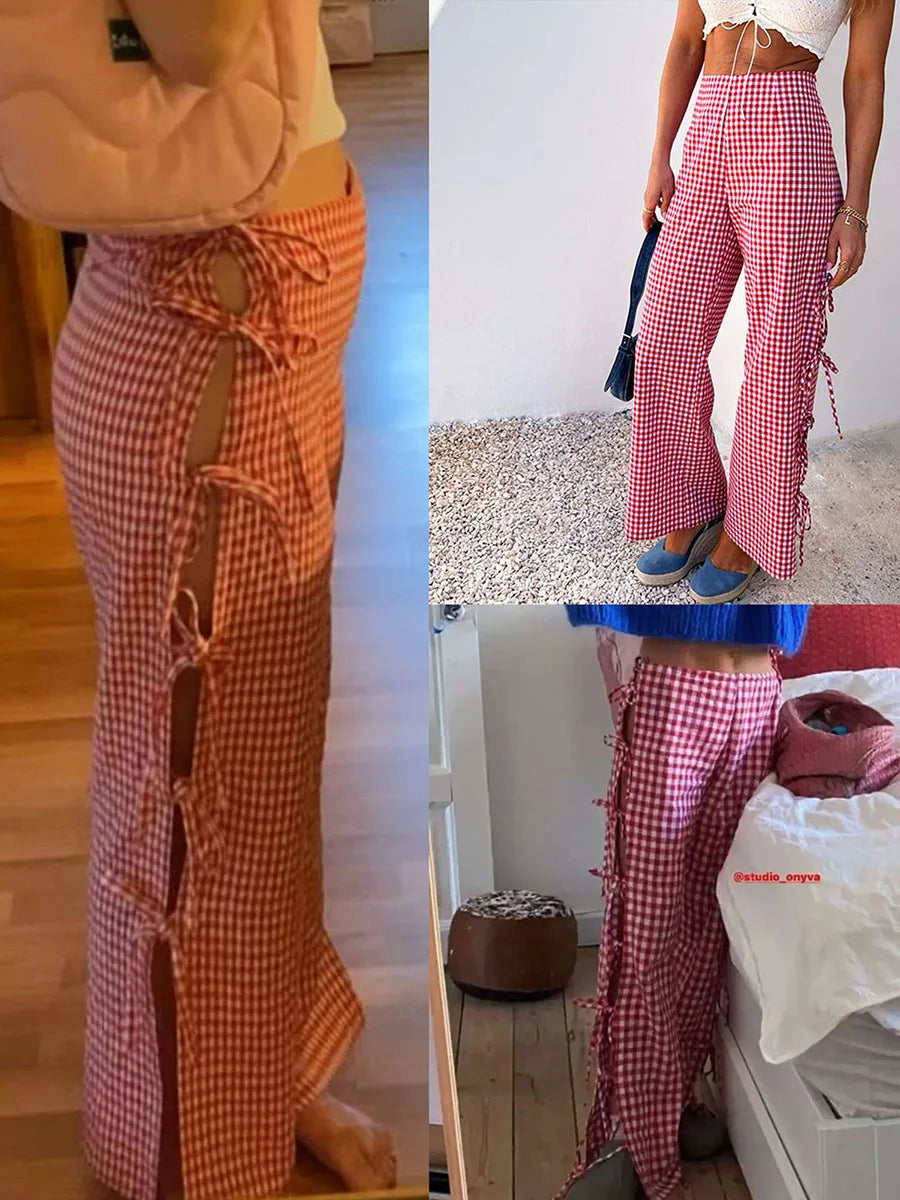LIZAKOSHT  -  Women Wide-Leg Pants Plaid Side Tie-Up Hollow-Out Loose Trousers Spring Summer Casual Sweatpants Bottoms Leisure Daily