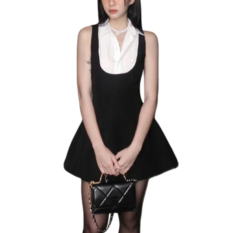 LIZAKOSHT  -  y2k Mini Dress Women Summer Contrast Color Patchwork Lapel Collar Sleeveless A Line Mini Dress Evening Party Dresses