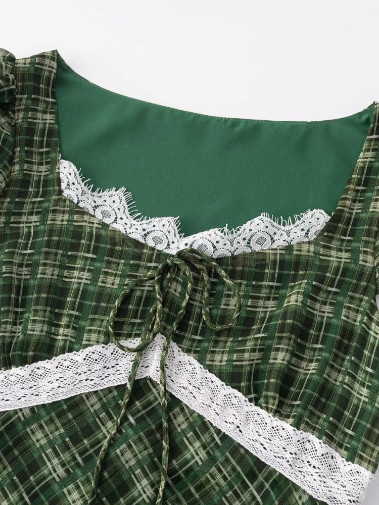 LIZAKOSHT  -  Summer New Women's Clothing French Green Grid Square Collar Lace Patchwork Jumpsuit Sweet and Fresh Club Party Long Dress