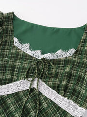 LIZAKOSHT  -  Summer New Women's Clothing French Green Grid Square Collar Lace Patchwork Jumpsuit Sweet and Fresh Club Party Long Dress