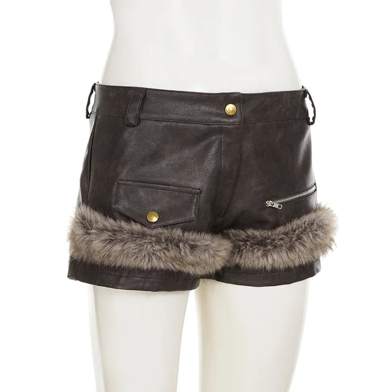 LIZAKOSHT  -  Women Fluffy Faux Fur Patchwork PU Leather Shorts 2025 Fall Winter Button Fly Medium Waist Slim Casual Streetwear Night Clubwear
