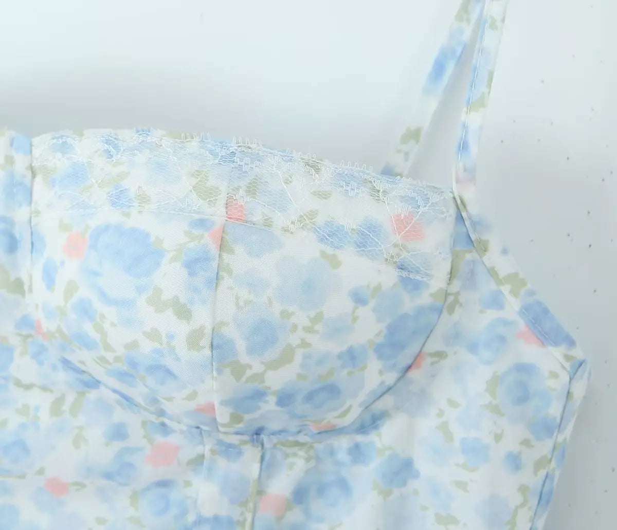 LIZAKOSHT  -  Women Ruched Hem Backless Party Skater Short Sling Robe Sexy Blue Flower Print Bra Corset style Spaghetti Strap Mini Dress