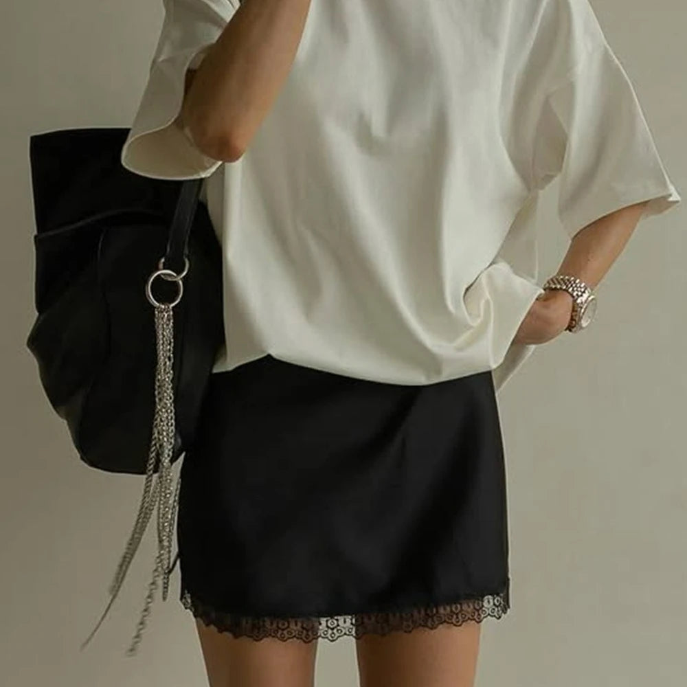 LIZAKOSHT  -  New Chic Lace Patchwork Pink Skirts Women's Summer Zip-up Slim Satin Skirt Female Casual Short Dress Y2K Streetwear