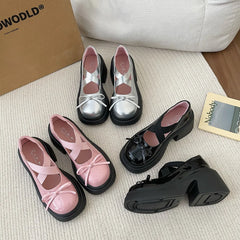 LIZAKOSHT  -  Fashion Casual PU Leather Mary Janes Shoes for Women Summer Autumn Bow Platform Bow Designer Chunky Heel Ladies Shoes