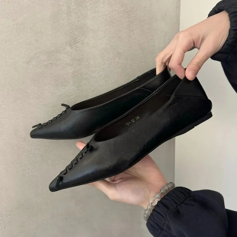 LIZAKOSHT  -  Elegant Soft Leather Flat Heel Shoes Spring New Arrival Solid Color Pointed Toe Low Heel Flat Foot Women's Sandals Single
