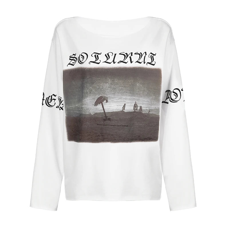 LIZAKOSHT  -  Vintage Letter Print Casual Tops Streetwear Off Shoulder Full Sleeve T-shirts All-match American Style Long Tees Autumn