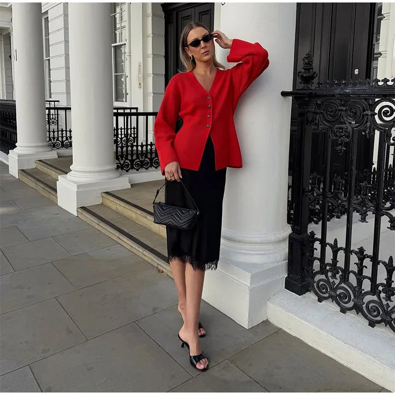 LIZAKOSHT  -  Fashion Solid V-neck Knitted Cardigan Women Solid Full Sleeve Single Breasted Slim  Cardigan 2025 Lady Early Autumn Chic Outwear