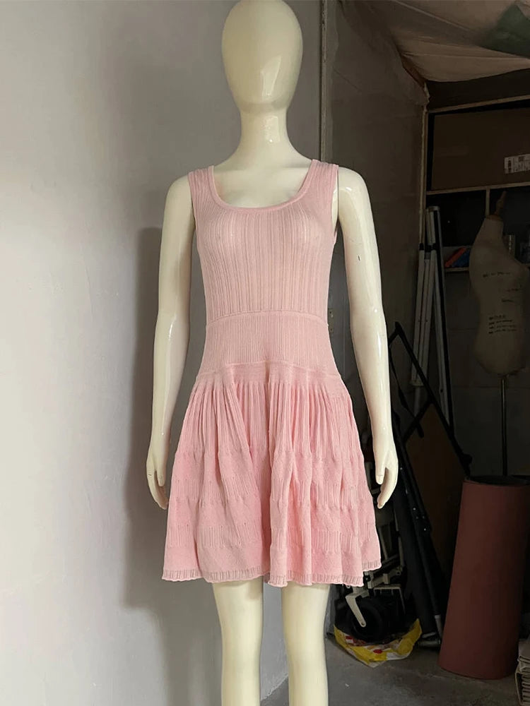 LIZAKOSHT  -  Hollow Out Ruffle Knit Sundress Women High Waist Casual Solid Sleeveless Dresses Vacation Party Sexy Backless Tank Dress