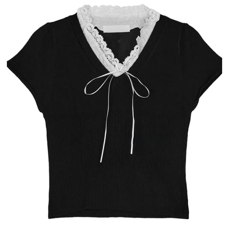 LIZAKOSHT  -  V-neck Bow Lace Up Casual Knit Short-sleeved T-shirt Women 2024 Summer New High Street Contrast Color Patchwork Sexy Crop Tops