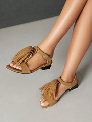 LIZAKOSHT  -  Low Heels Suede Tassels Women Sandals Comfortable Women's Shoes