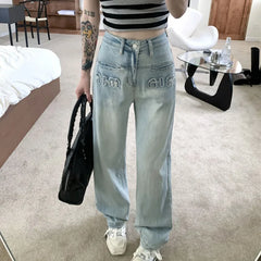 LIZAKOSHT -  Fashion Brand Jeans Embroidery Letter Design Pants Y2k High Street Women Pants High Waist Wide Leg Loose Trousers Streetwear
