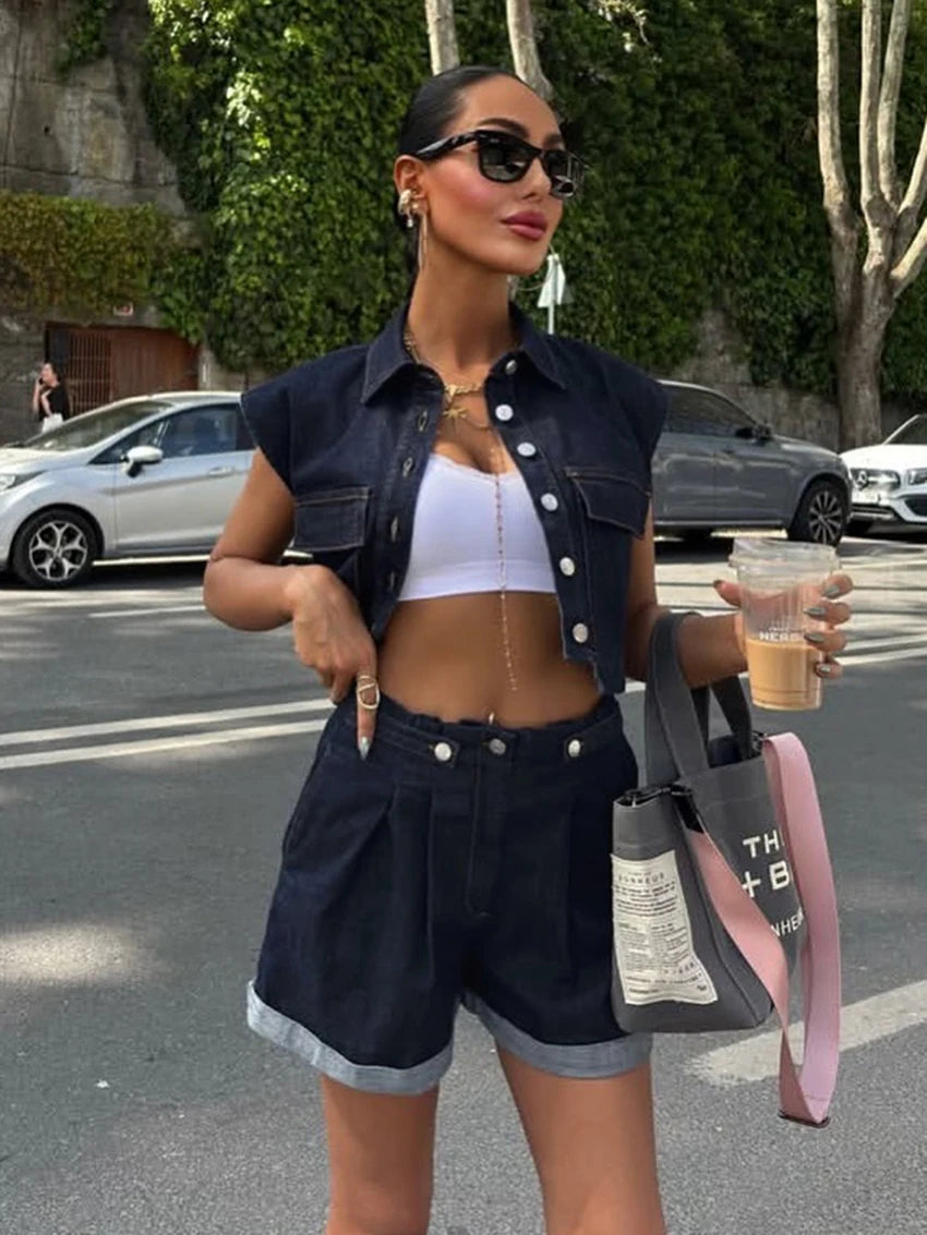 LIZAKOSHT  -  Fashion Women Pajamas Suit Turn-Down Collar Sleepwear Crop Top Nightie Sleeveless Nightwear Shorts Ladies Pyjamas Set