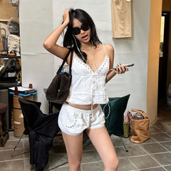 LIZAKOSHT  -  Women White Lace Up Rivet Decorated Single Vest Mini Shorts Gentle Sweetheart Set Suitable For Beach Vacation Pastoral Scenery
