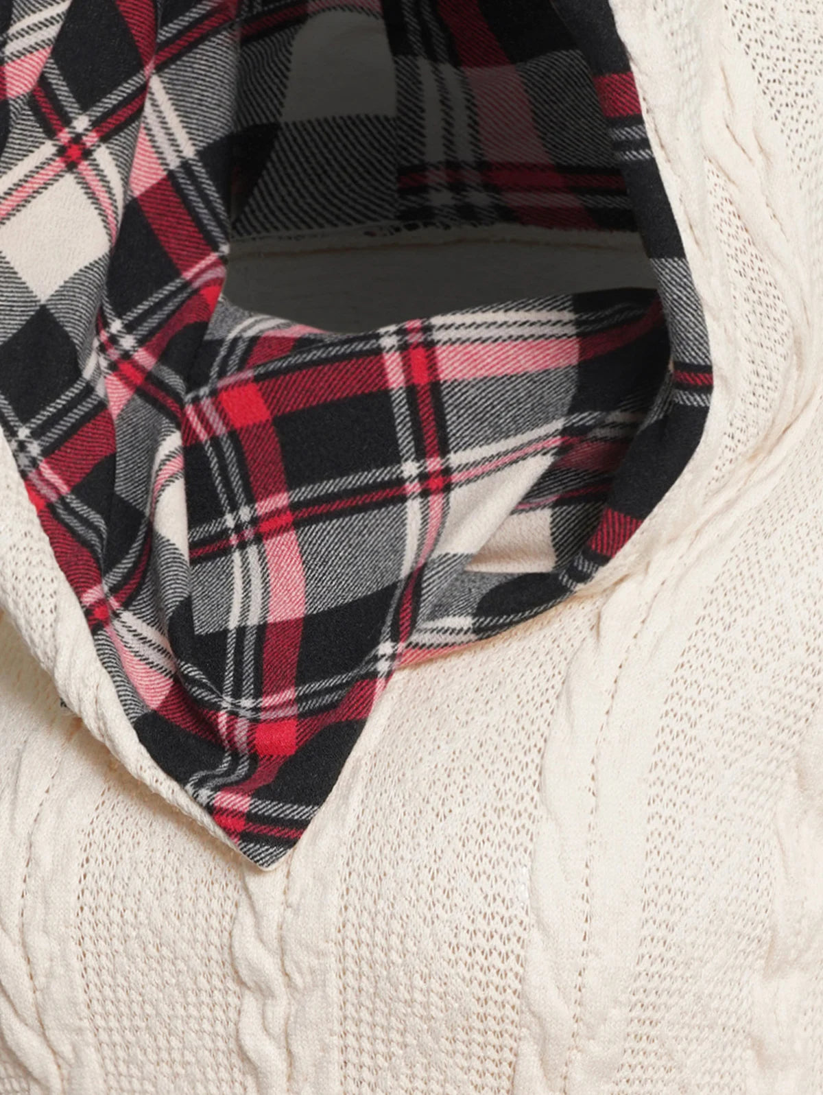 LIZAKOSHT  -  Twisted Cable Knit Plaid Print Hooded Sweater Mock Button Ruched Shawl Neck Sweater