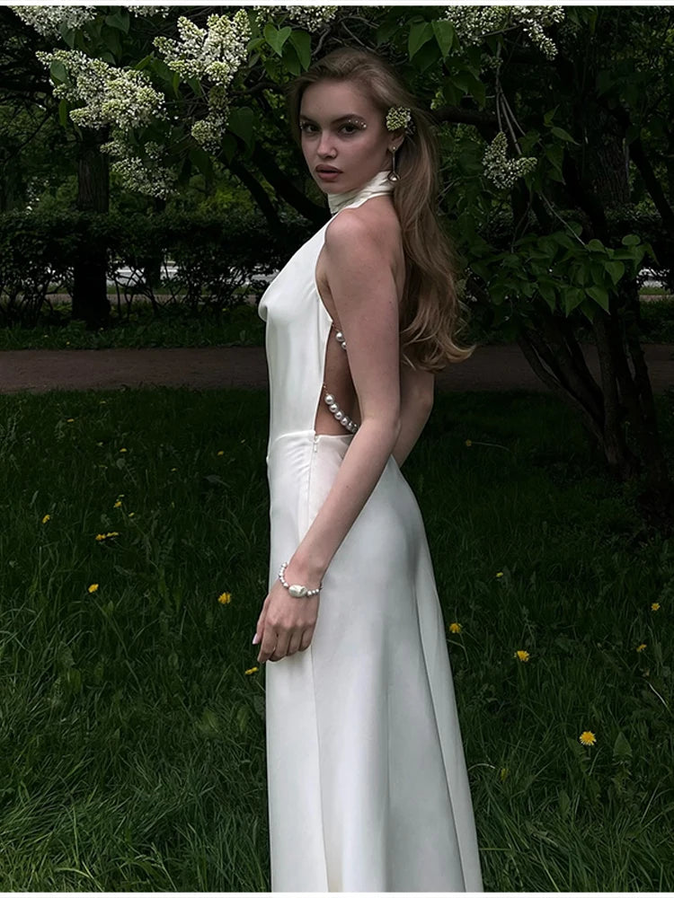 LIZAKOSHT  -  Sexy Hanging Neck Pearl Trim Backless Maxi Dress Women Fashion Slim Fit Robes Lady 2025 Summer Evening Birthday Party Club Dress
