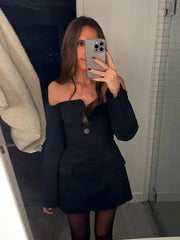 Lizakosht Elegant Strapless Slash Neck Mini Dresses For Women Chic Off Shoulder Buttons Pockets Dress 2024 Female Fashion Party Vestidos