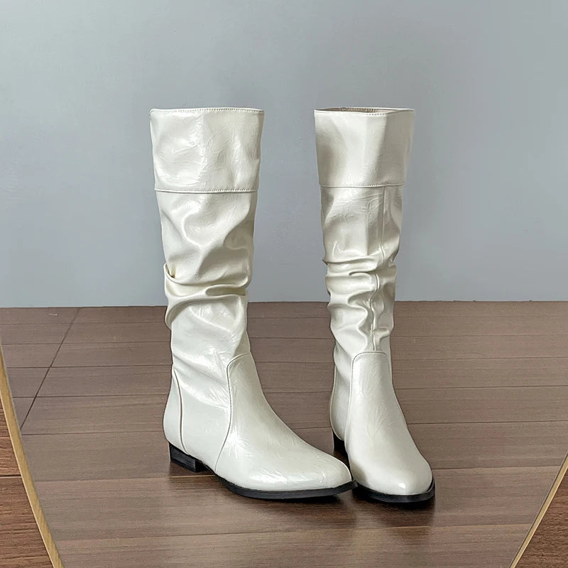 LIZAKOSHT  -  Cosy Soft Leather Women Knee High Boots Fashion Slip On Knight Long Booties Winter Internal Elevation Shoes Zapatos De Mujer