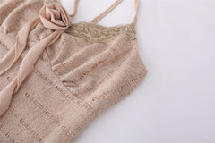 LIZAKOSHT  -  Women's Sweet Desire Hollow Rose Halter Lace-up Sling + Solid Color V-neck Long-sleeved Strapped Short Cardigan Two-piece Set