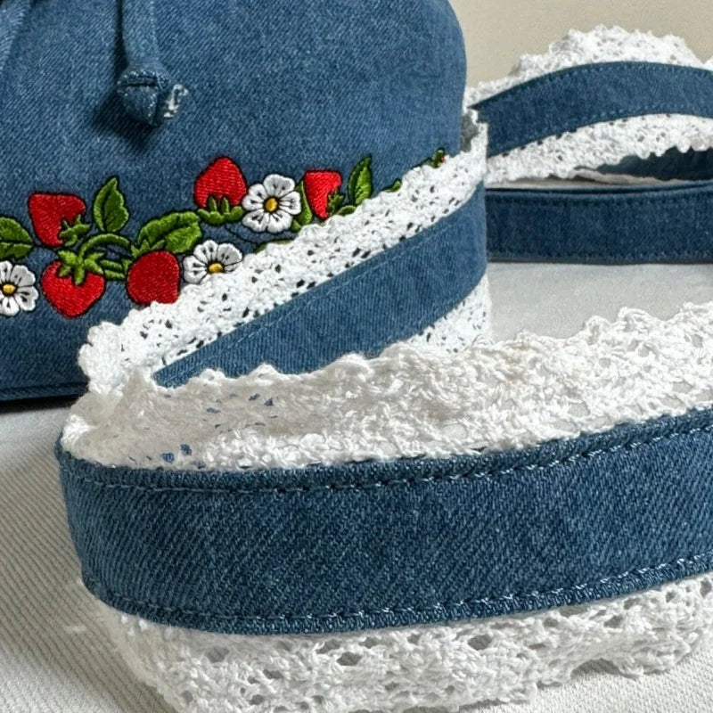 LIZAKOSHT  -  Denim Strawberry Flower Lace Backpack Casual Schoolbag Handbag Student Leisure Travel Commuter Backpack
