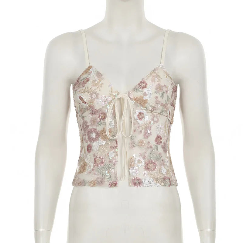 LIZAKOSHT  -  Women Sexy Sequins Flowers Embroidery Camis Crop Tops Lace Up V Neck Spaghetti Straps Backless Club Party Holiday Vests Camisole
